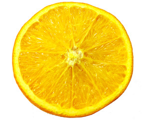  Close-up slice of orange fruit top view shot on white background