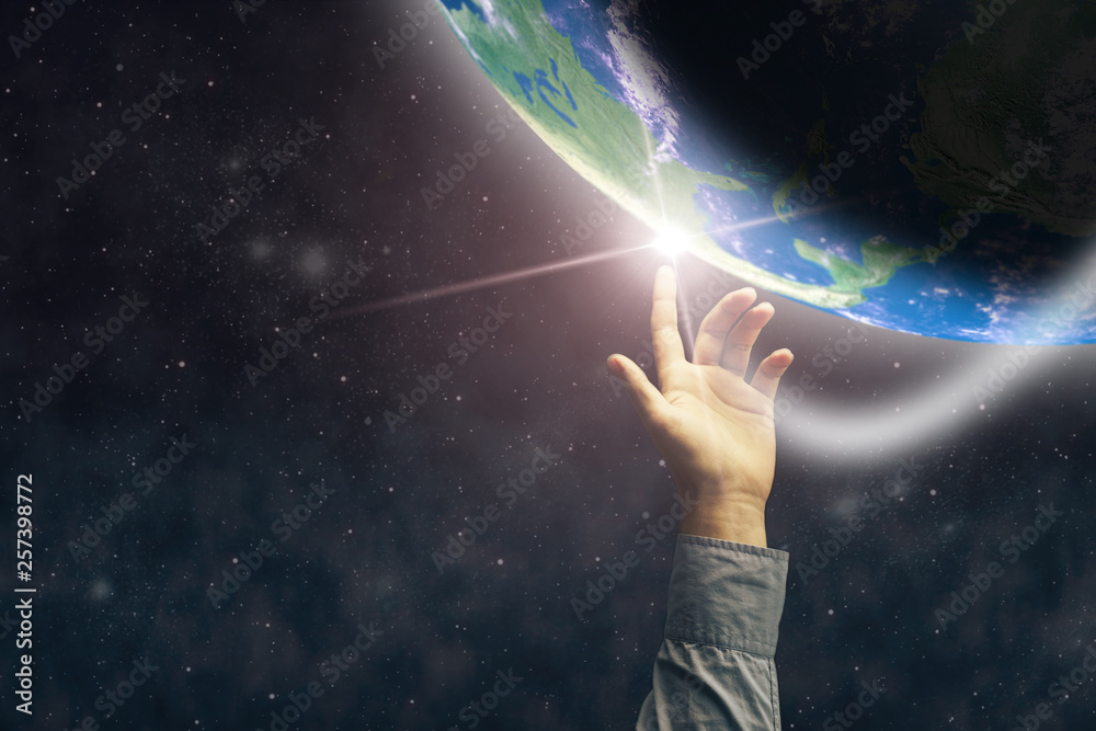 Aufkleber touching planet with finger. nebula dust in infinite space. mixed media.