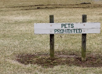 A close view of the old wood prohibited sign in the grass. 