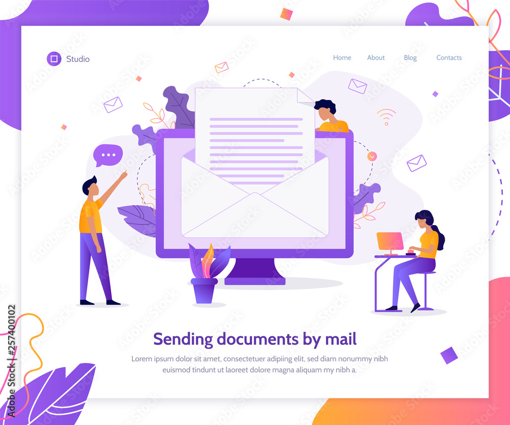 Wall mural sending documents by mail. creative landing page design template. business concept. flat vector illu