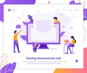 Sending documents by mail. Creative landing page design template. Business concept. Flat vector illustration.