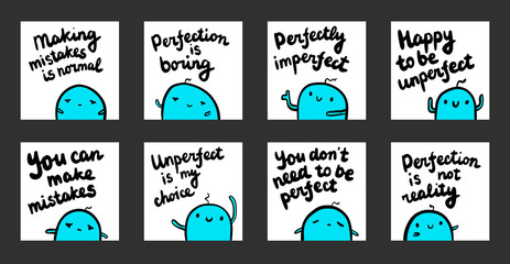 Perfection hand drawn set with cute blue marshmallows in cartoon style