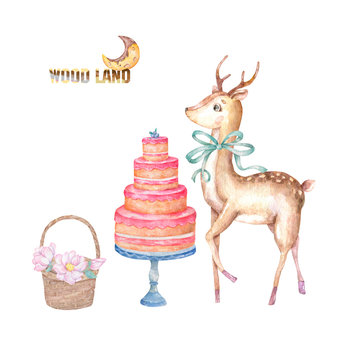 Watercolor cute deer with beauty green bow and tasty cake, wooden basket of pink flowers, hand drawn set cute greeting cards for invite, birthday, Valentine's day, new year, on white background
