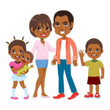 Cute big happy African American family of five members smiling together