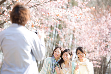 桜の前で記念写真を撮る3人の女性