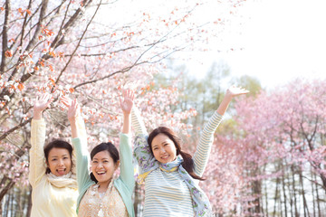 桜の前で両手を挙げる3人の女性
