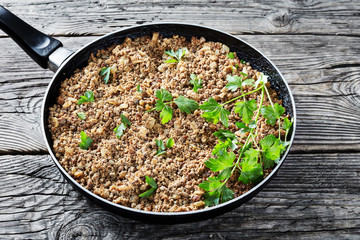 ground liver with onion and spices, close-up