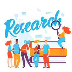 Vector concept research business illustration with cartoon thinking people. 