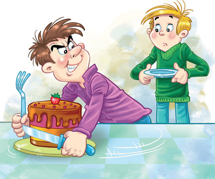 greedy cartoon boy not wanting to share his cake