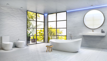 Modern high key 3D render bathroom with rounded bath tub.