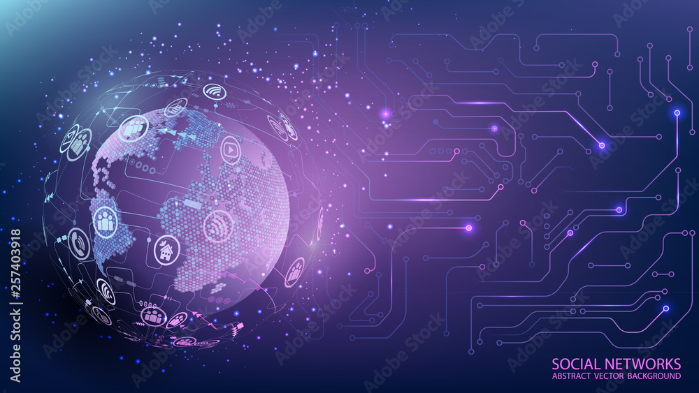 Poster Internet and technology. Global social network. Computer chip. Virtual reality and modern science. Violet futuristic background with planet Earth. Abstract image. Future. Vector. Place for text.