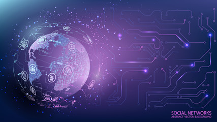 Internet and technology. Global social network. Computer chip. Virtual reality and modern science. Violet futuristic background with planet Earth. Abstract image. Future. Vector. Place for text. © vit_mar