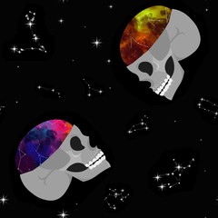 Skull, space, constellations. Seamless pattern. Design for office, fabric, clothing. №1.