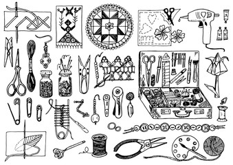 Tools for hobby. Sewing elements or materials for knitting and needlework. Set of Handmade equipment. Female work. Tailor shop for badges. Engraved hand drawn realistic in old vintage sketch.