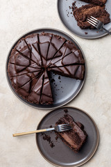 Two pieces of chocolate cake with whole cake on light background