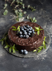 The whole chocolate cake with blueberries and herbs on gray background