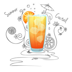 Realistic cocktail on a white background with a doodle, pattern. Vector