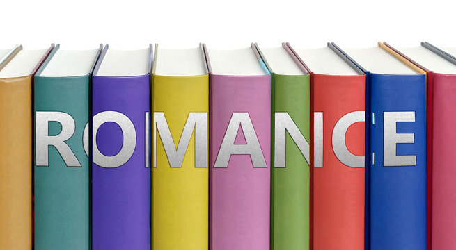 Romance and books in a library - ideas of studying, learning and reading pictured as colorful books on white background with english word as a title, 3d illustration