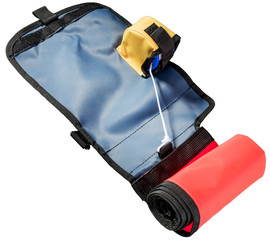 Signal buoy for diving, folded, inflatable, with a coil.
