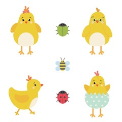 Easter vector elements set of spring yellow chicken characters, cute ladybug, beetle and bee