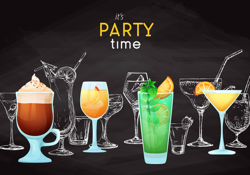 Background with different cocktails. Drawing chalk on a blackboard. Caption: it's party time. Place on your text. Vector