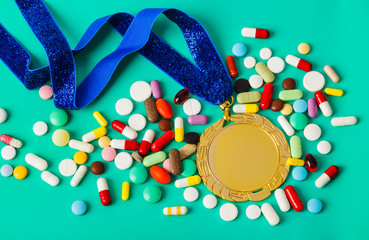 Gold medal and pills on green
