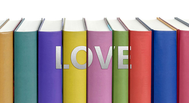 Love and books in a library - ideas of studying, learning and reading pictured as colorful books on white background with english word as a title, 3d illustration