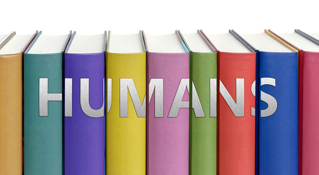 Humans and books in a library - ideas of studying, learning and reading pictured as colorful books on white background with english word as a title, 3d illustration