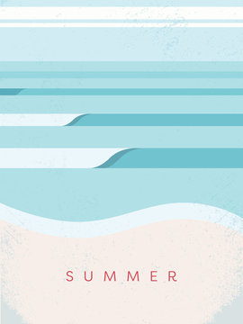 Beautiful summer poster template, minimalist art pastel colors vector illustration. Ocean waves crashing on beach. Symbol of vacation, recreation, holiday.