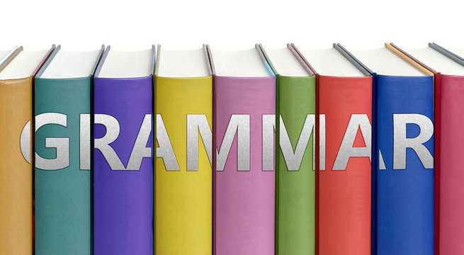Grammar and books in a library - ideas of studying, learning and reading pictured as colorful books on white background with english word as a title, 3d illustration
