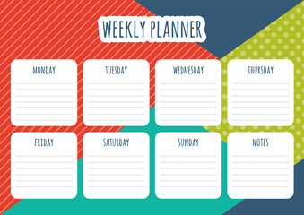Weekly planner with abstract geometrical background, daily plans and notes. Vector