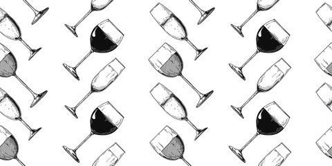 Seamless pattern with different glasses. Champagne and wine. © arkadiwna