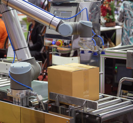 The universal robot lifting cardboard to conveyor in industry production line