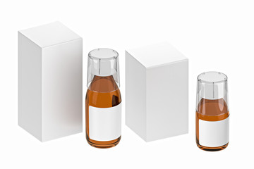 Bottles and measuring plastic cup with medical syrup on white background. 3D rendering