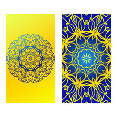 Set Of Template Greeting Card, Invitation With Space For Text. Mandala Design. Vector Illustration. Yellow blue color