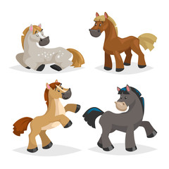 Cute horses in various poses. Cartoon style farm animals. Different colors and breeds. Slleeping, standing, riding and walking horses. Best for kid education. 