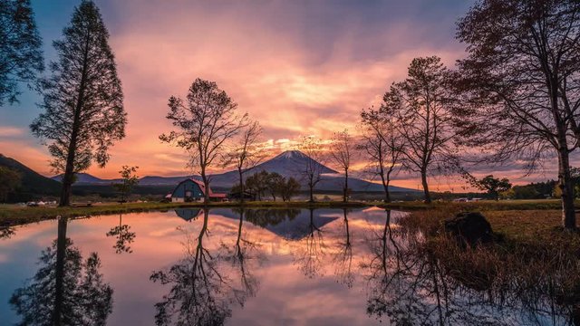 Landscapes image of Mt. Fuji with big trees and lake at sunrise in Fujinomiya, Japan.