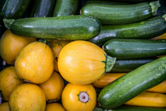 Fresh green and yellow zucchini on local farmers market