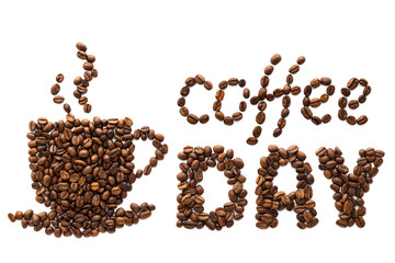 Coffee Day concept with cup made of coffee beans and lettering