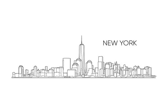 New York vector panorama, hand drawn line art illustration.