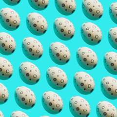 Pattern of Easter eggs with memphis style print on turquoise bright background.  Happy spring holidays concept. Minimalism.