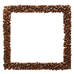 Frame made of roasted coffee beans isolated on white.