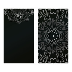 Card Template With Floral Mandala Pattern. Business Card For Fitness Center, Sport Emblem, Meditation Class. Vector Illustration. Black silver color