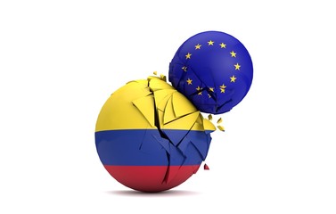 Colombia and European Union political balls smash together. 3D Render