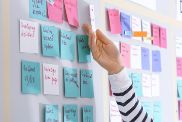 Young woman near scrum task board in office