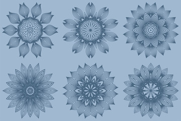 Set of Vector Round Abstract Mandala Style Decorative Element. Hand-Drawn Vector Illustration. Can Be Used For Textile, Greeting Card, Coloring Book, Phone Case Print. Pastel blue color