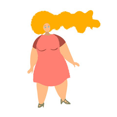 Woman with Big limbs in coral dress. Mother s day concept design element. Hand drawn illustration with noisy texture. Plus-size fashion girl.