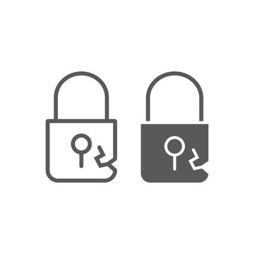 Lock breach line and glyph icon, privacy and protect, padlock sign, vector graphics, a linear pattern on a white background.