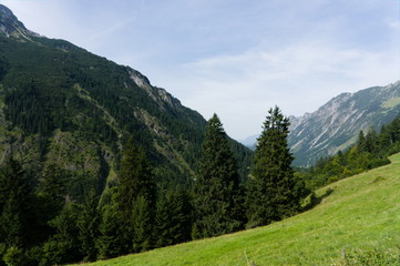 Fototapeta na wymiar Idyllic summer landscape with hiking trail in the Alps with beautiful fresh green mountain pastures, Allgäu Germany