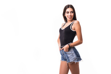 Fototapeta premium Beautiful young girl with dental braces standing isolated on white background